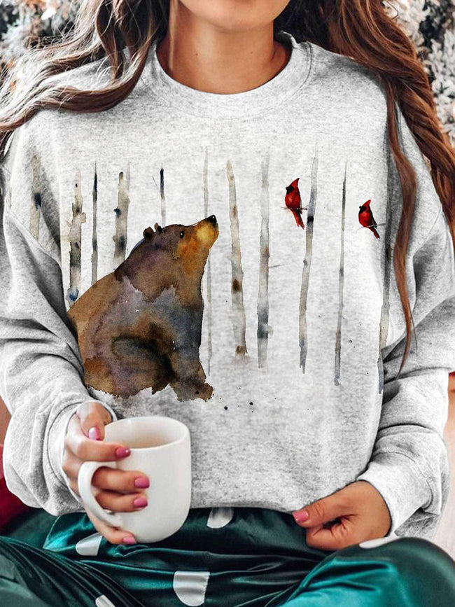 Winter Bear and Cardinal Print Crew Neck Long Sleeve Sweatshirt