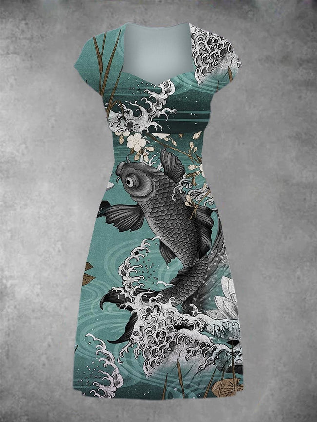 Women's Koi Fish Patchwork Casual Midi Dress