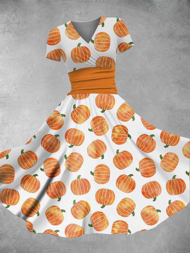 Women's Vintage Thanksgiving Pumpkin Print Maxi Dress