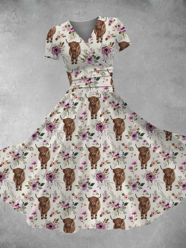 Women's Floral Highland Cow Print Maxi Dress