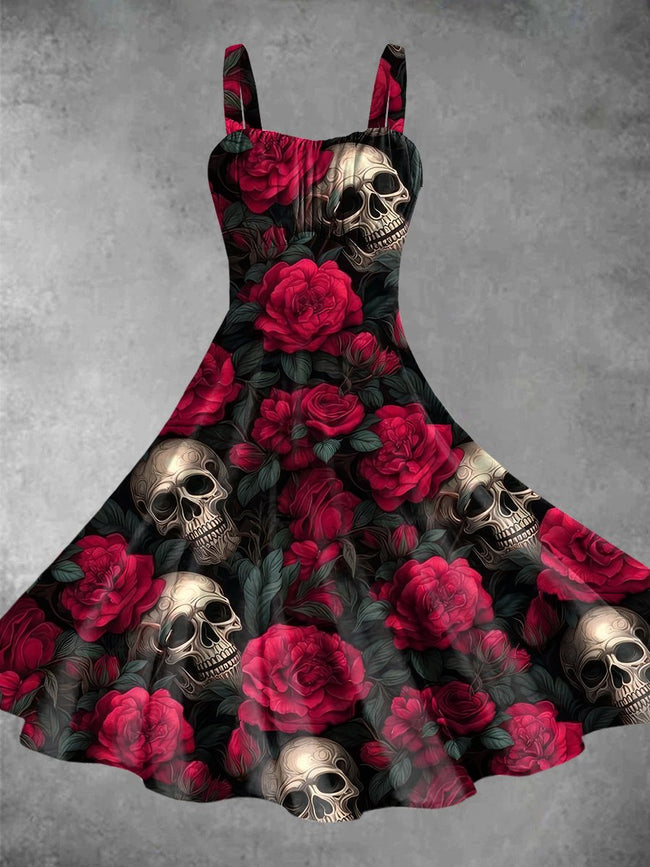 Retro Rose Skull Print Backless Dress