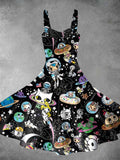 Vintage Space Travel Cartoon Print Backless Dress