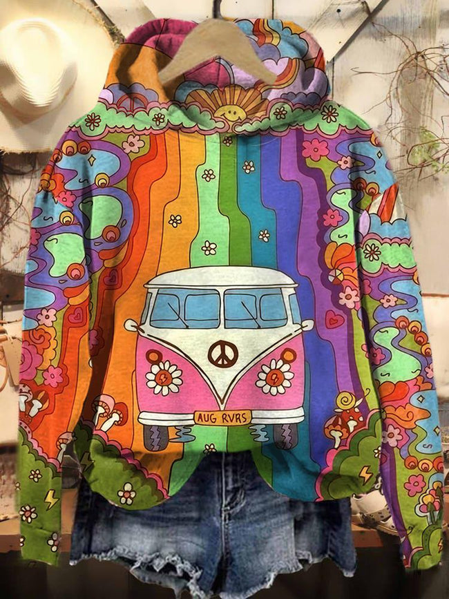 Vintage Hippie Van Print Casual Sweatshirt Hoodie