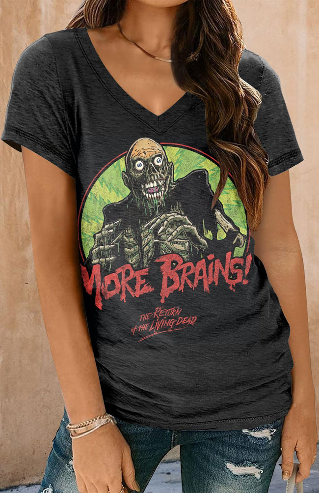 Vintage More Brains Halloween Print Short Sleeve V Neck T-shirt