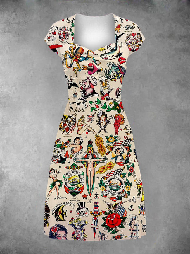Women's Vintage Sailor Traditional Tattoo Patchwork Casual Midi Dress