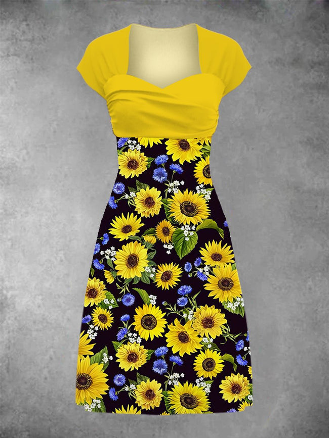 Women's Sunflower Print Patchwork Casual Midi Dress