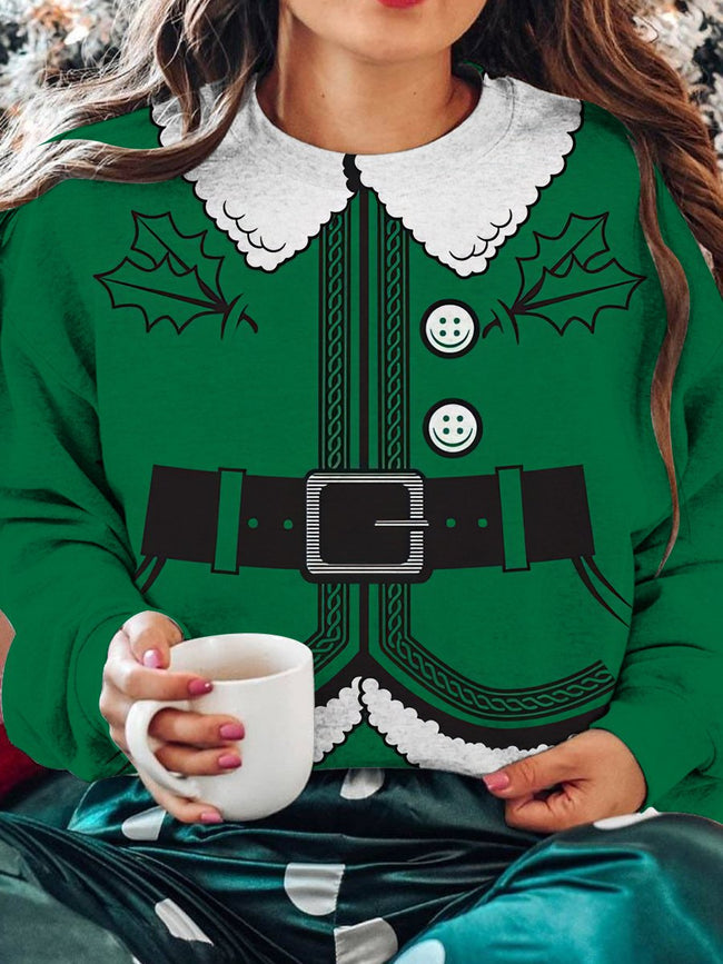 Vintage Santa's Elf Print Crew Neck Long Sleeve Sweatshirt