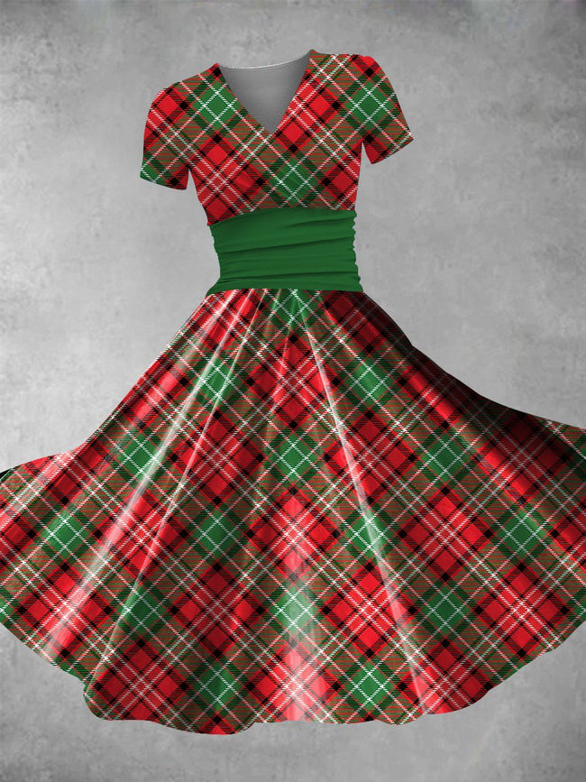 Women's Vintage Christmas Plaid Print Maxi Dress