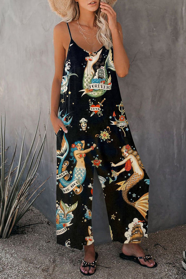 Vintage Mermeid Print Wide leg Jumpsuit with Pockets