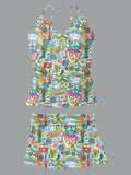 V-Neck Retro Hippie Style Print Suspender Skirt Tankini Pantskirt Set Swimsuit