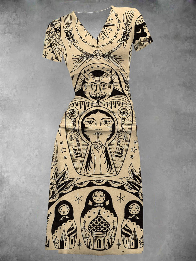 Women's Vintage Nesting Doll Tattoo Print Midi Dress Set