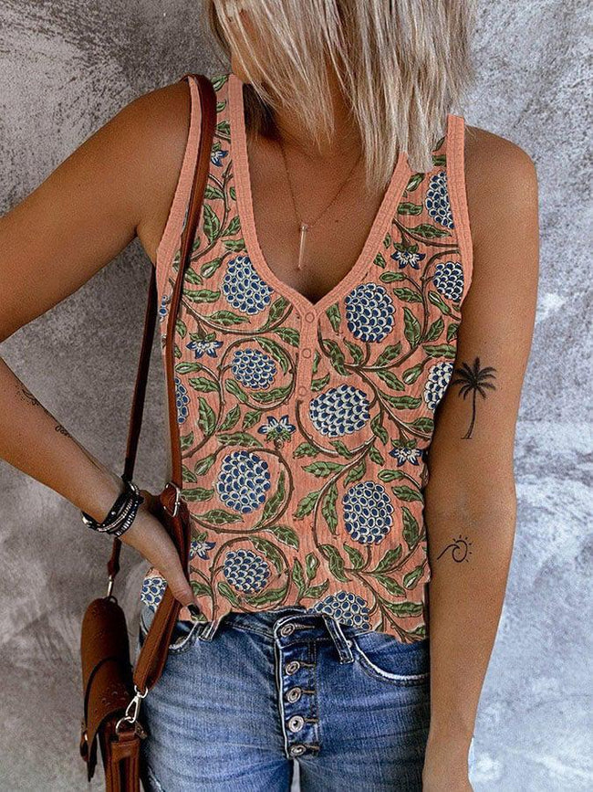 Women's Vintage Plant Ribbed Button V Neck Tank Top