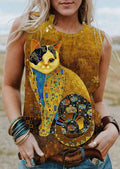 Vintage Golden Bejeweled Packed Cats Print Tank Top