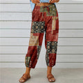 Women's Cotton Linen Capri Pants Drawstring Elastic High Waist Boho Vintage Hippie Print