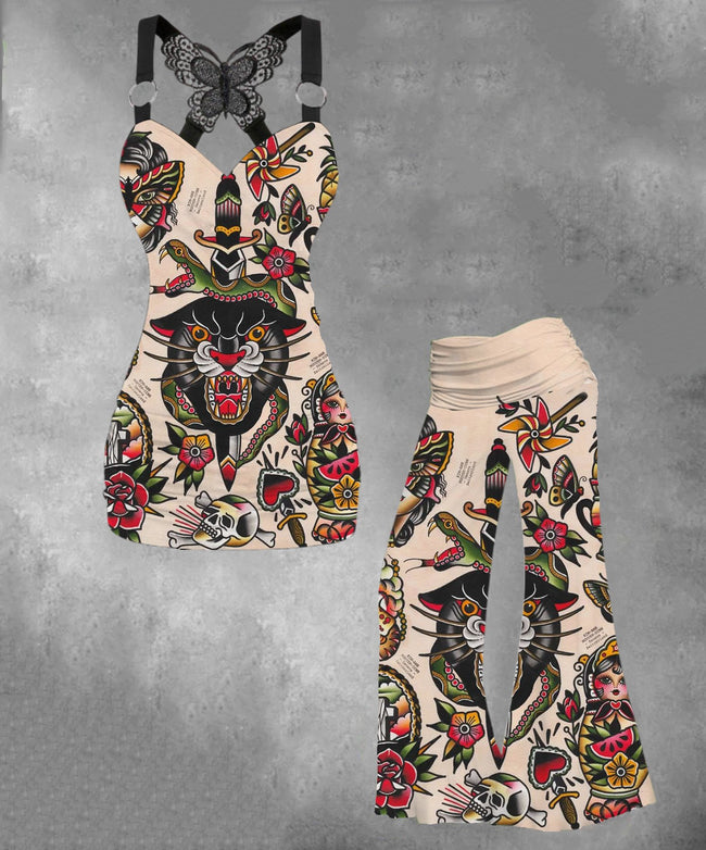 Women's Vintage Tiger Tattoo Printed  Two-Piece Sets