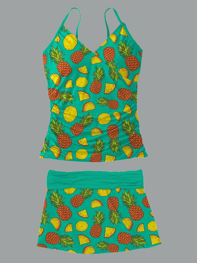 Women’s V-neck Vintage  Fruit Cute Cartoon Print Suspender Skirt Tankini Set Swimsuit