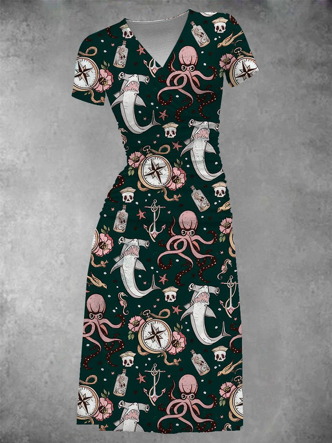 Women's Vintage Dark Sea Creature Graphic Midi Dress