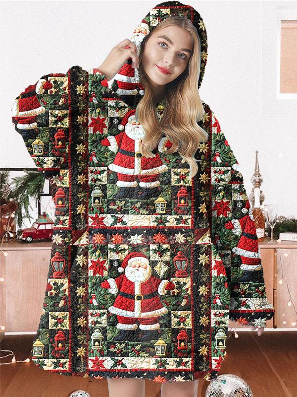 Santa print oversized flannel hoodie blanket