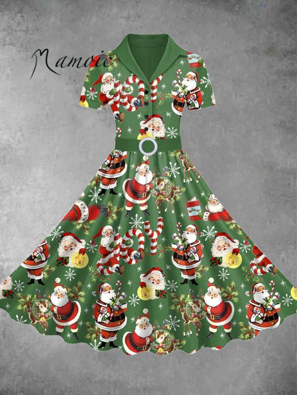 Women's Santa Claus Print Lapel Midi Dress