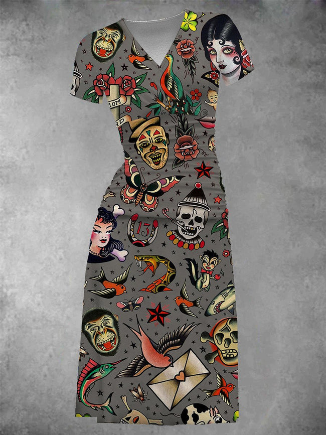 Women's Vintage Old School Tattoo Print Midi Dress Set