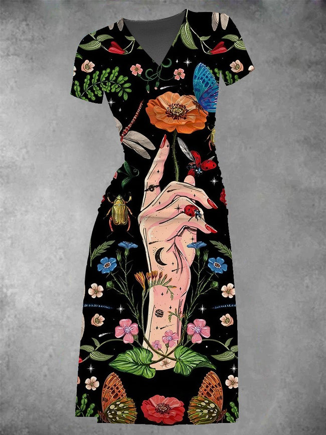 Women's Flowers and Insects Print Two-Piece Midi Dress