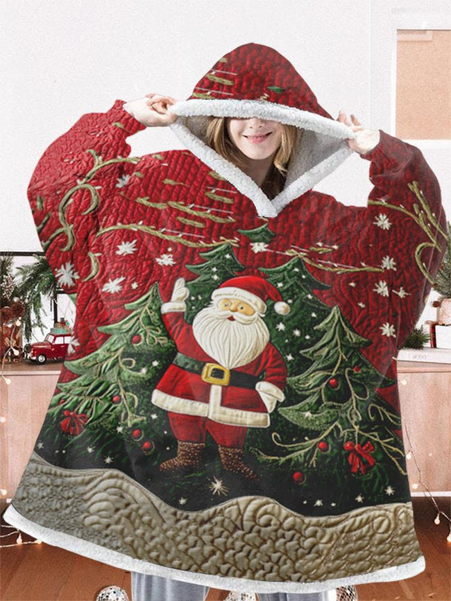 Santa print oversized flannel hoodie blanket