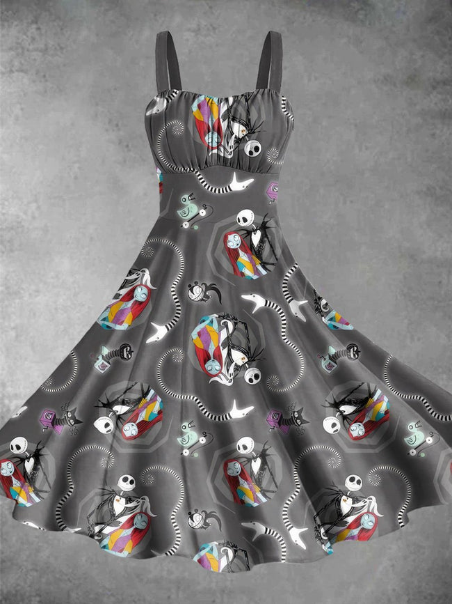 Vintage Jack and Sally Halloween Print Backless Dress