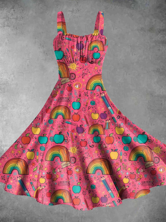 Vintage Rainbow Print Backless Dress