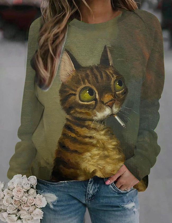 Vintage Cute Cat Print Sweatshirt