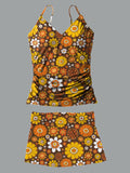 Women’s V-neck Vintage Floral Print Suspender Skirt Tankini Set Swimsuit