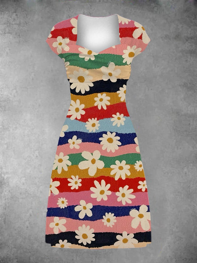 Women's Multicolor Flora Print Patchwork Casual Midi Dress