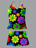 Women’s V-neck Vintage Floral Print Suspender Skirt Tankini Set Swimsuit