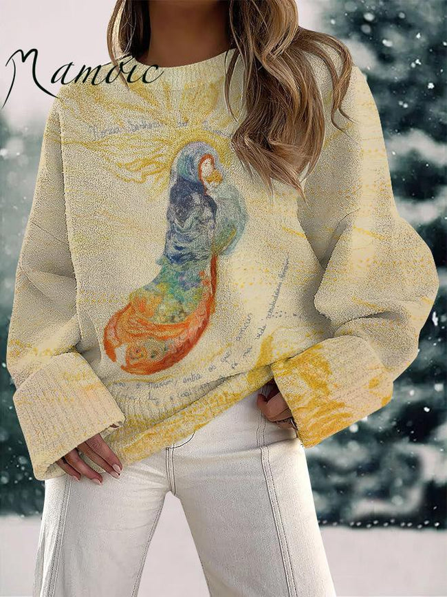 Women's Cloth Madonna Print Fuzzy Knit Casual Pullover Sweaters