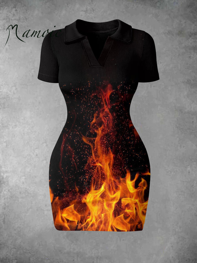 Women's Vintage Flame Print Ribbed Bodycon Mini Dress