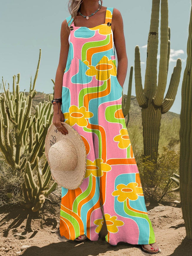 Women's Colorful Hippie Print Casual Strap Wide Leg Pants Jumpsuit