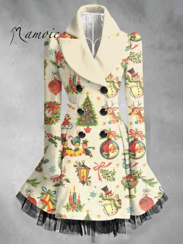 Vintage Christmas Printed Elegant Lapel Long Sleeve Coat Dress