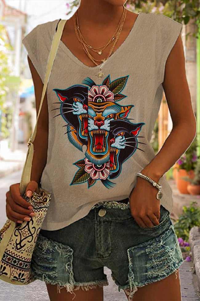 Women's Vintage Panther Tiger Tattoo Sleeveless Tank Top