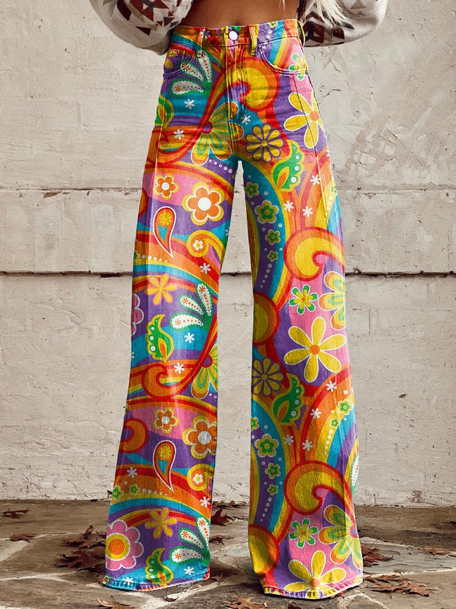 Women's Vintage Hippie Print Casual Wide Leg Pants
