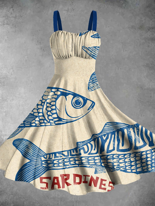 Vintage Sardines Print Backless Dress