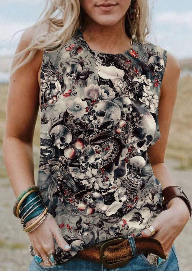 Retro Distressed Skull Print Tank Top