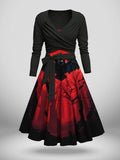 Women's Vintage Red and Black Bat Pattern Two-Piece Dress