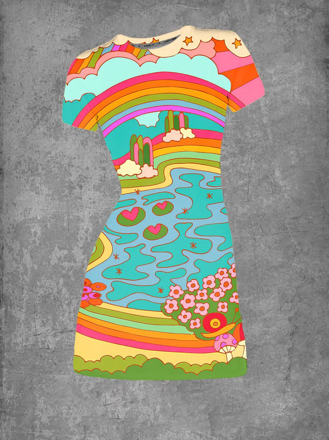 Women's Colorful Hippie Print Crew Neck T-Shirt Dress