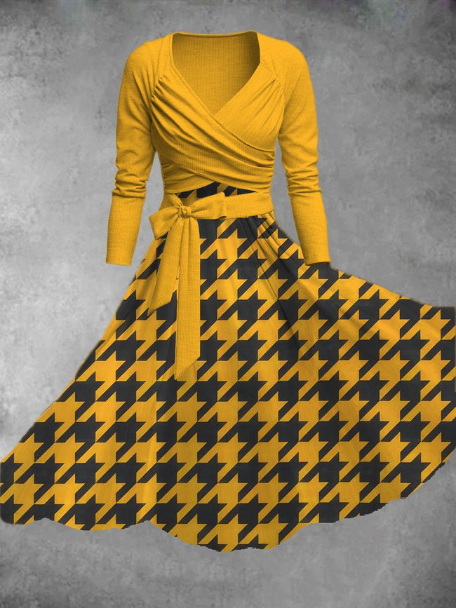 Women's Vintage Wizard Houndstooth Print Two-Piece Dress