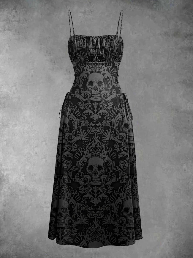 Vintage Skull Print Waist Strap Spaghetti Strap Dress