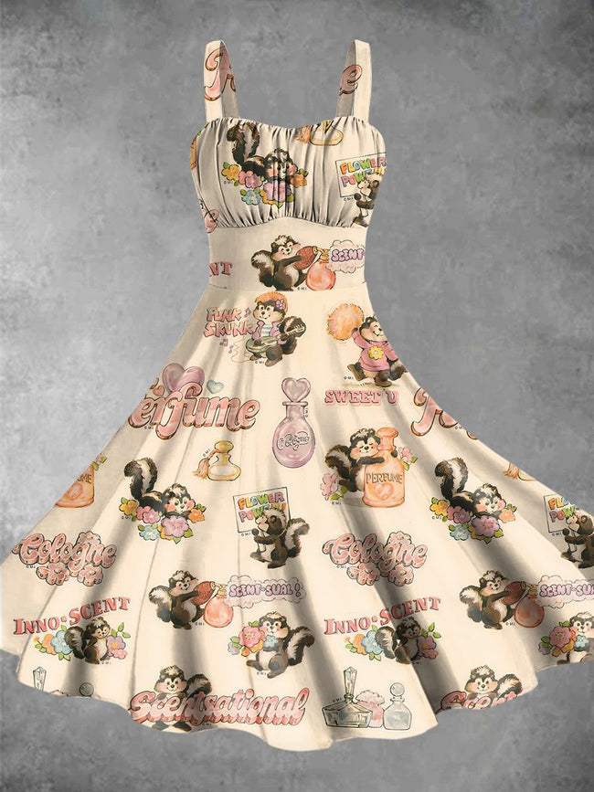 Vintage Raccoon Print Backless Dress