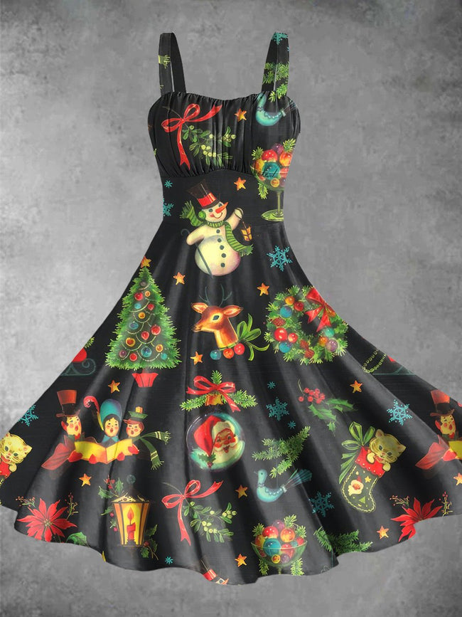 Vintage Christmas Print Backless Dress