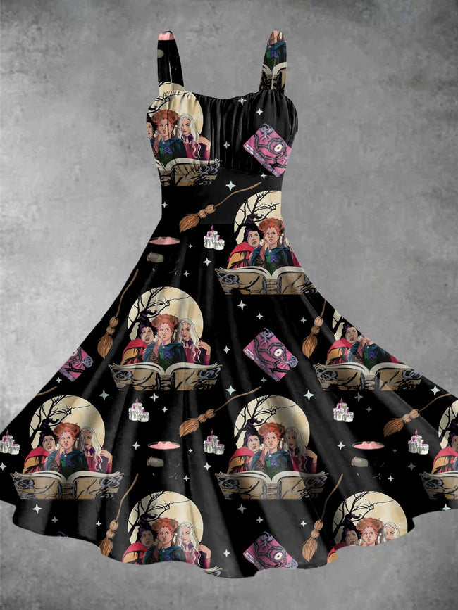 Vintage Witches Halloween Print Backless Dress