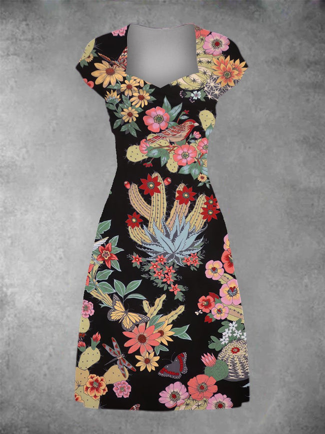 Women's Vintage Stunning Hacienda Cactus Print Patchwork Casual Midi Dress