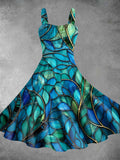 Retro Leaf Glass Abstract Print Two-Piece Backless Dress