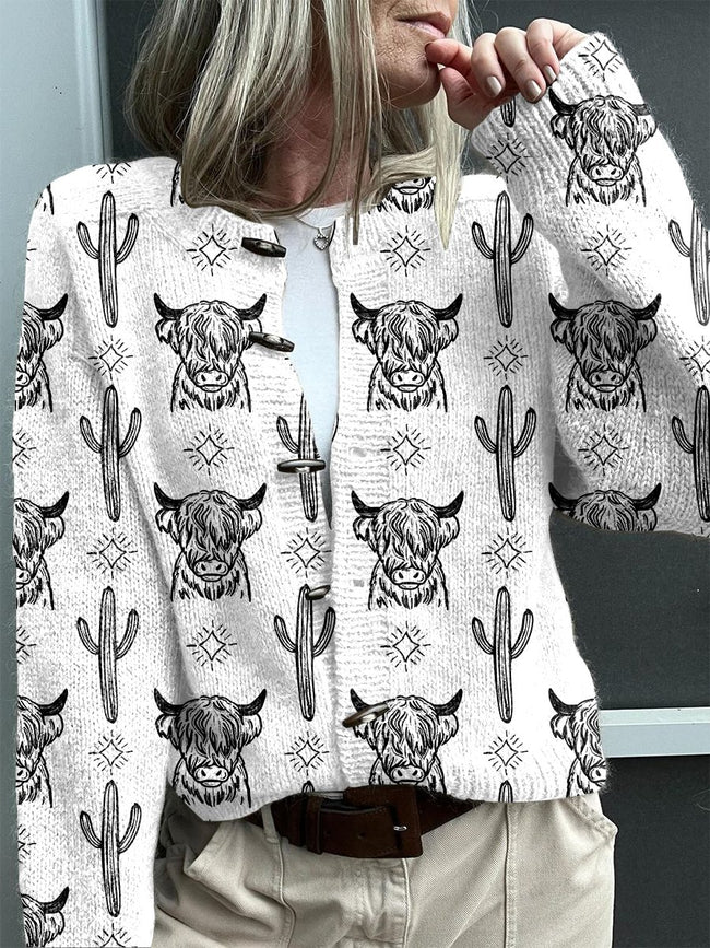 Vintage Western Style Highland Cow Print Buttoned Cardigan Sweater